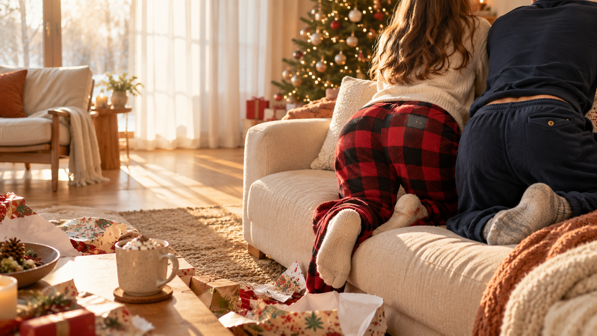 Two adults in red plaid and navy drop-seat pajama pants on a couch on Christmas morning
