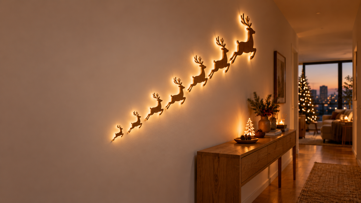 Seven glowing LED reindeer wall lights mounted in a rising arc on an apartment hallway wall