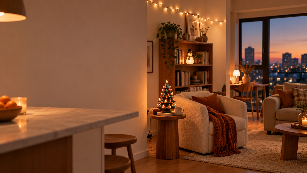 Small studio apartment decorated for Christmas with a lit ceramic tree and a cozy armchair