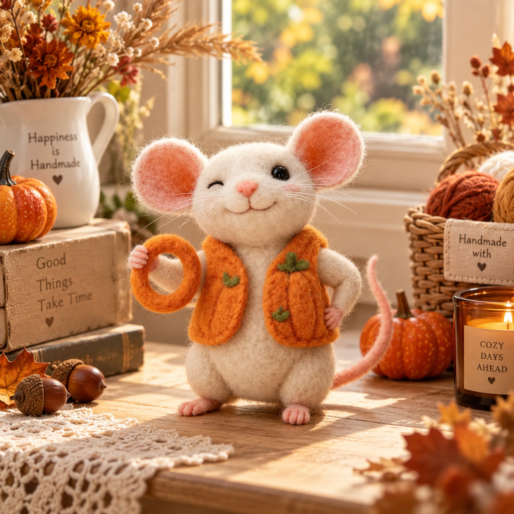 Needle felted Halloween mouse figurine with pumpkin, view 3