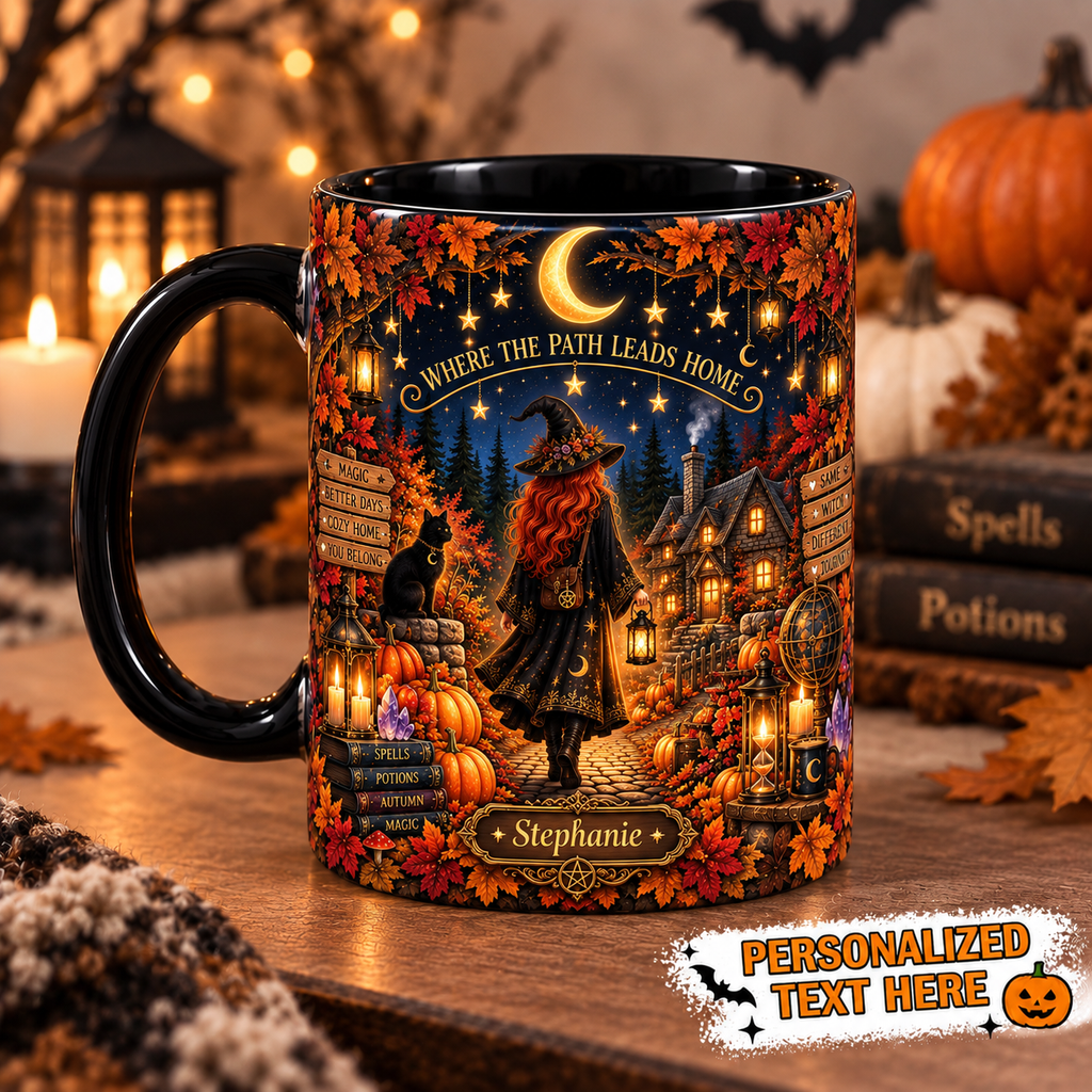 Personalized autumn witch and cozy cottage ceramic mug, view 2