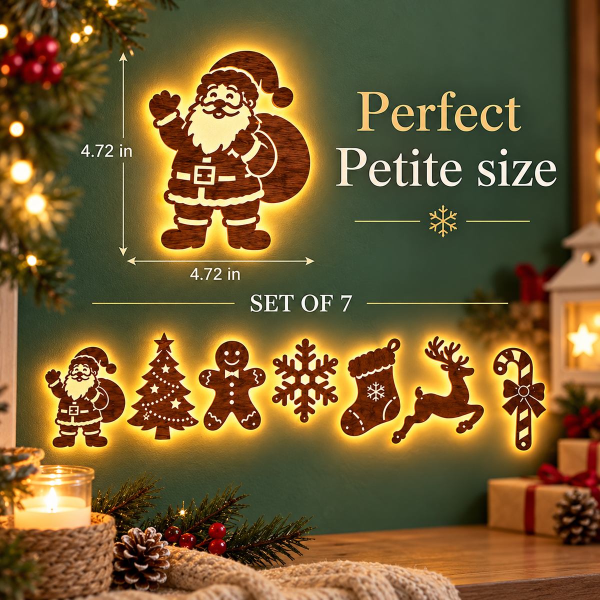7-Piece Classic Christmas Icons LED Wooden Wall Decor Set (Peel & Stick), view 4