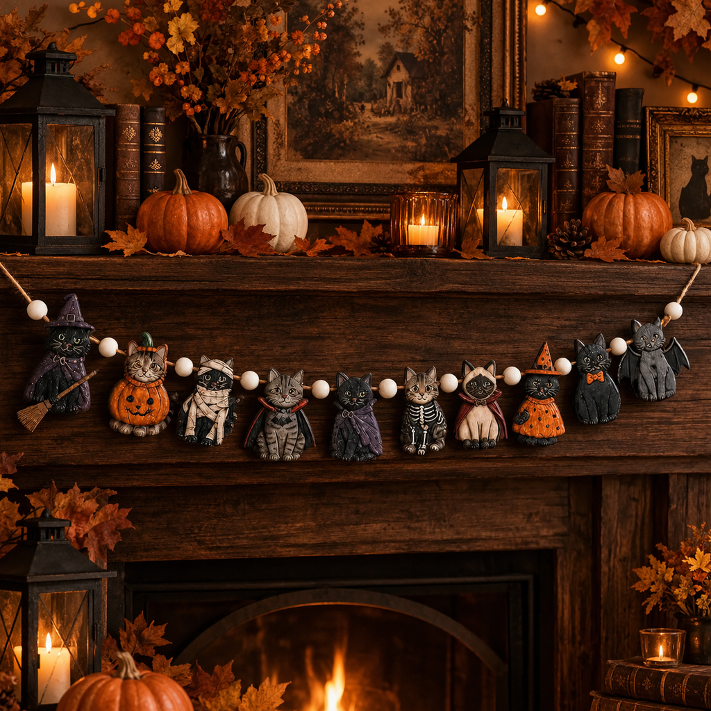 Double-sided wooden Halloween cat garland for mantel | USAGatherCo