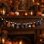 Double-sided wooden Halloween cat garland for mantel | USAGatherCo