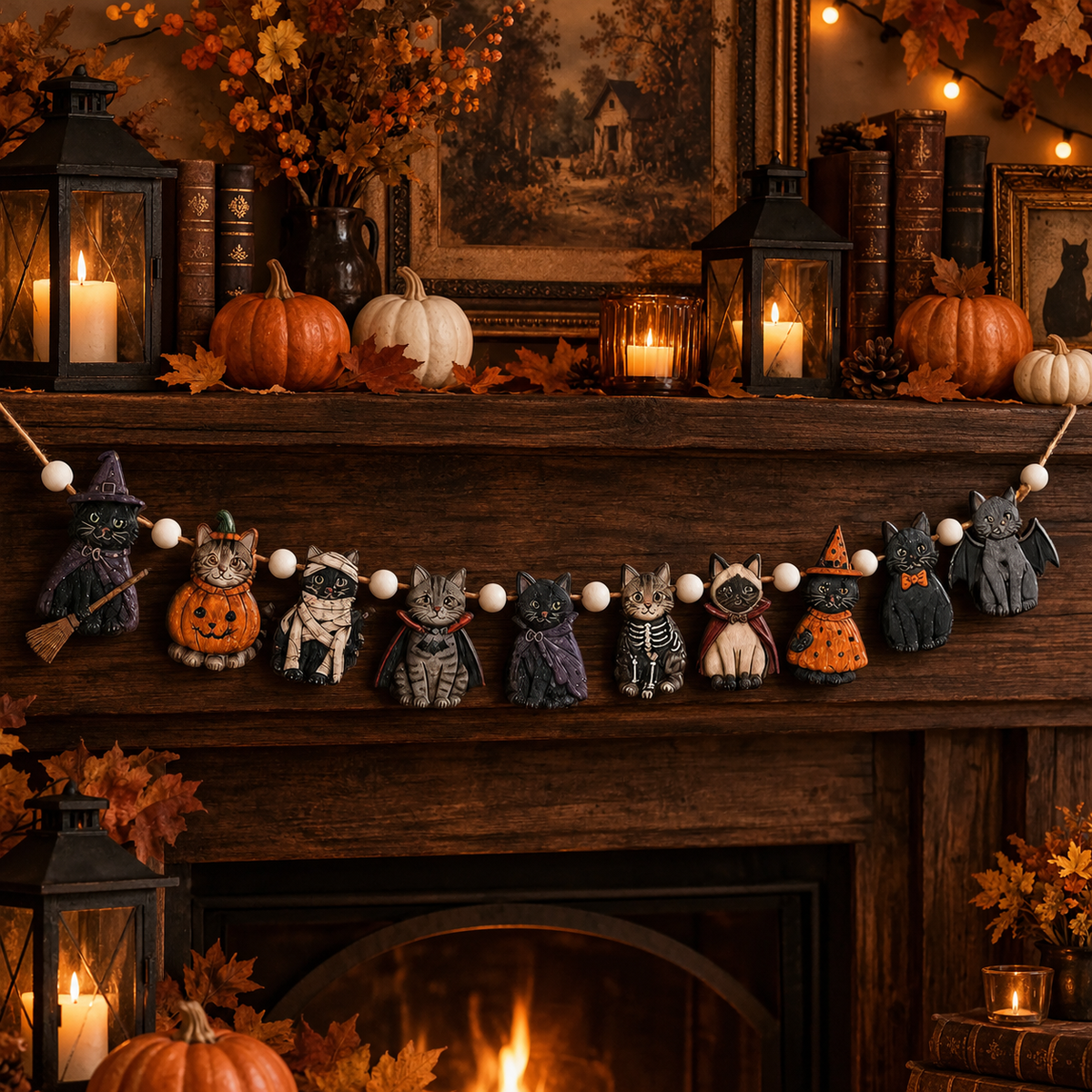 Double-sided wooden Halloween cat garland for mantel | USAGatherCo