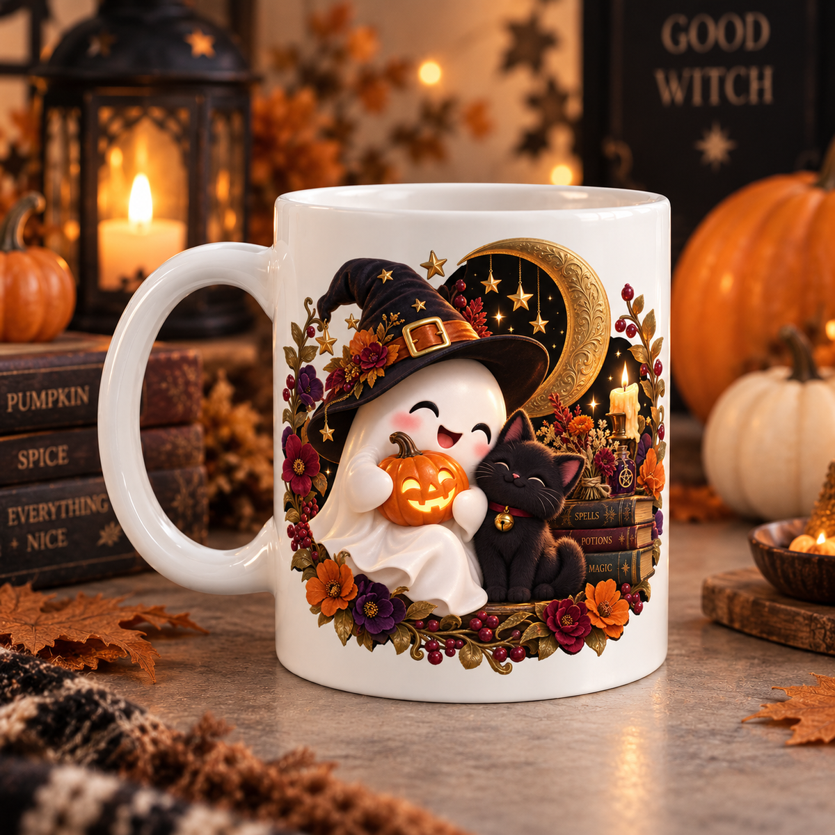 Cute ghost and black cat Halloween ceramic mug, view 2