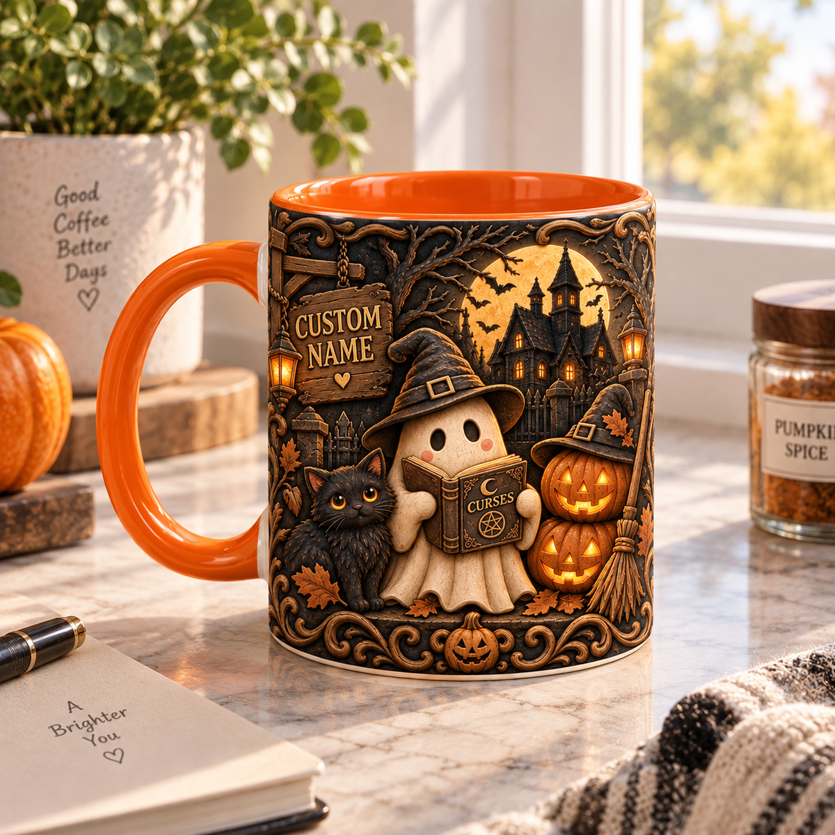 Personalized 3D illusion ghost and haunted house mug, view 2