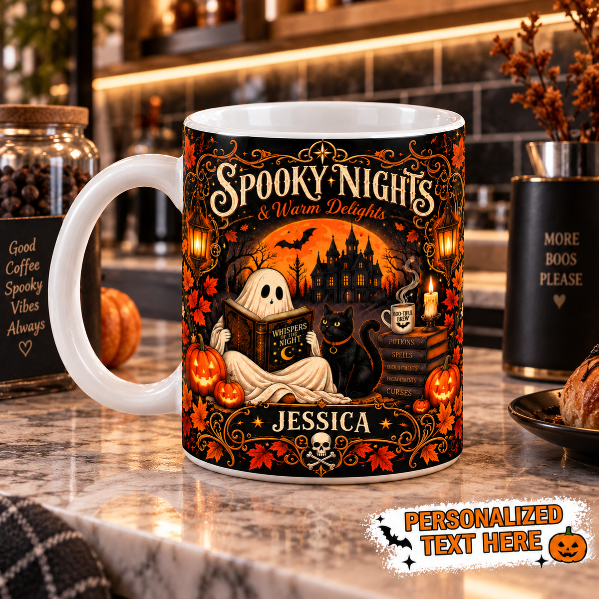 Personalized Spooky Nights reading ghost Halloween mug, view 3