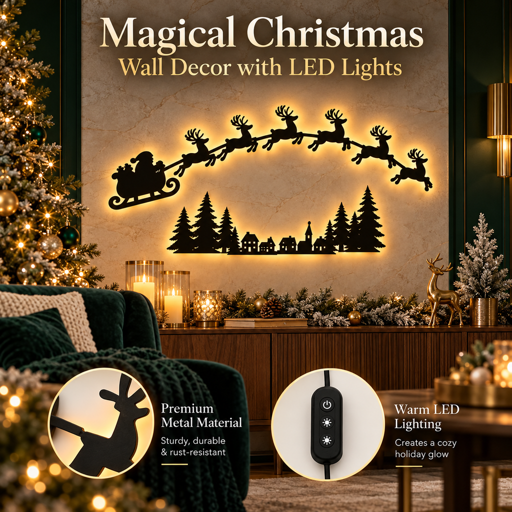 7-Piece LED Flying Santa Sleigh & Reindeer Wall Decor with Remote Control, view 4