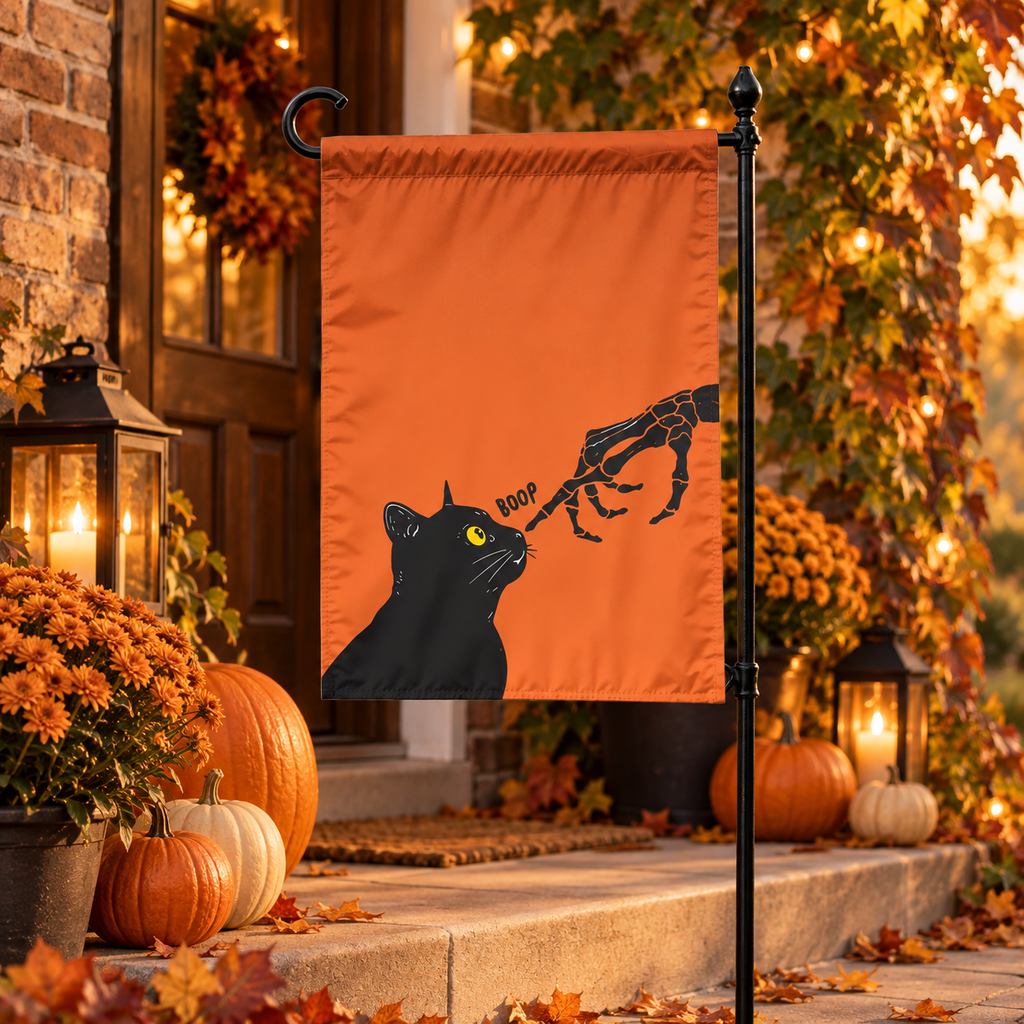 Funny boop cat and skeleton hand Halloween garden flag | USAGatherCo