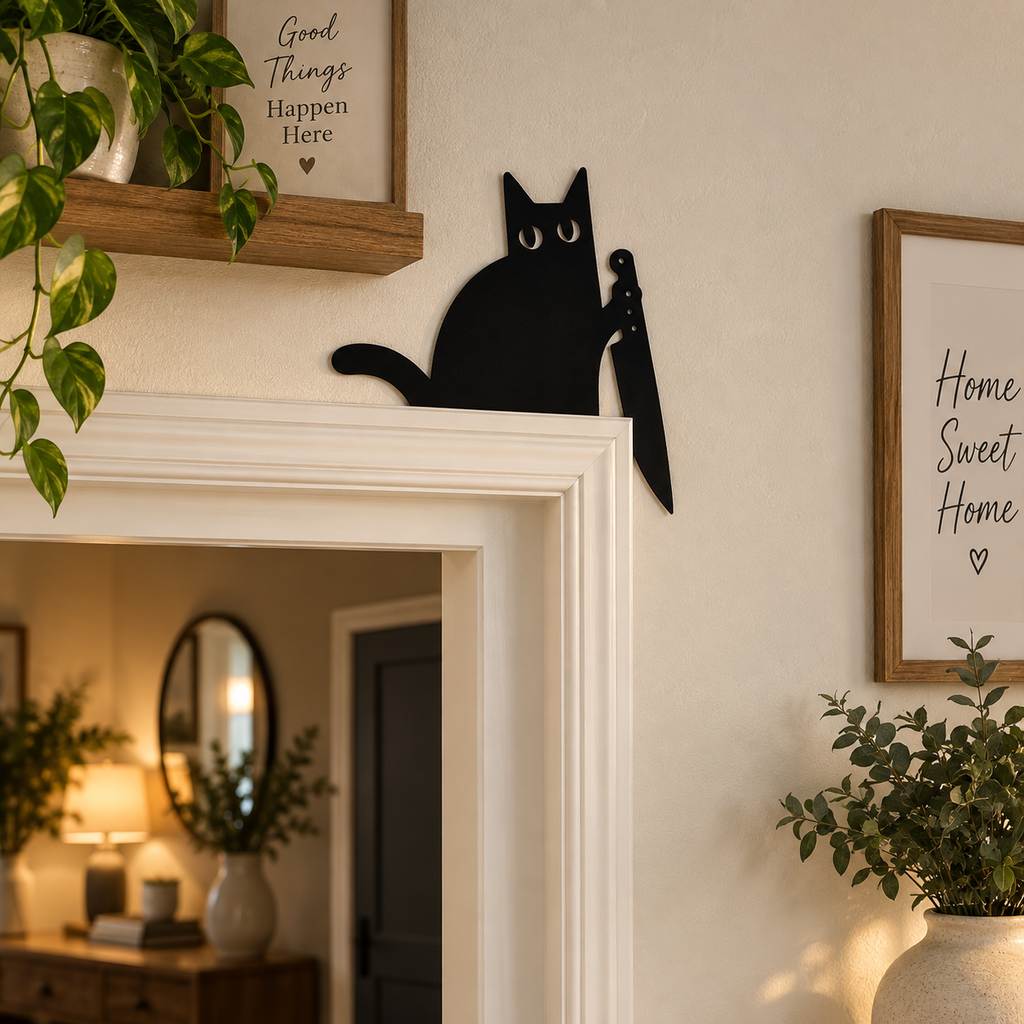 Killer black cat door topper, creepy cute corner decor | USAGatherCo