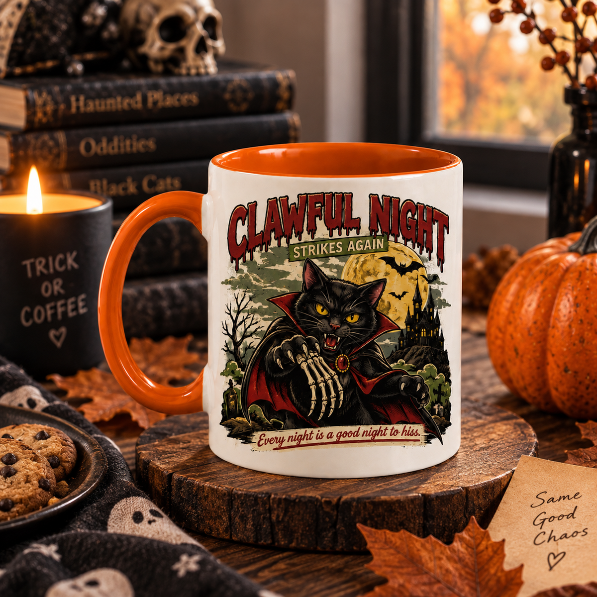 Vampire black cat Halloween ceramic mug, view 3