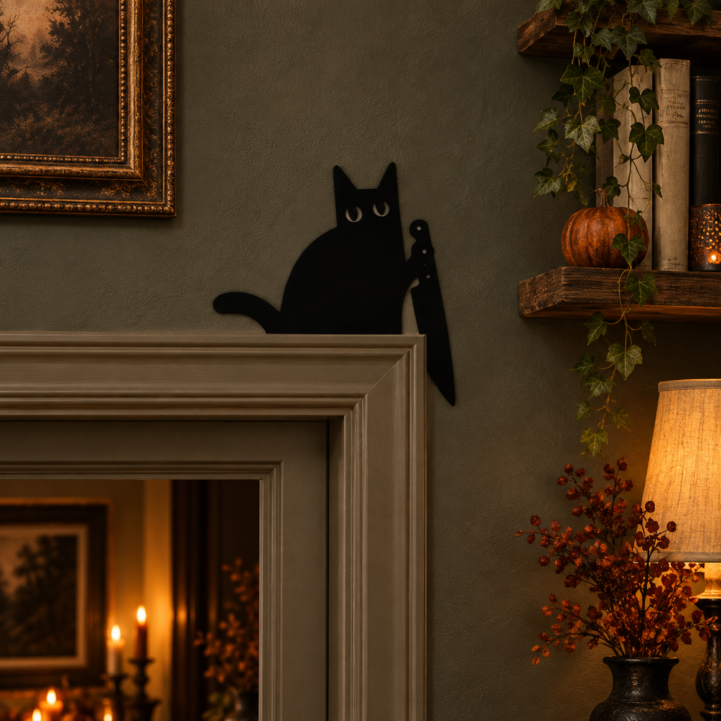 Killer black cat door topper, creepy cute corner decor, view 2