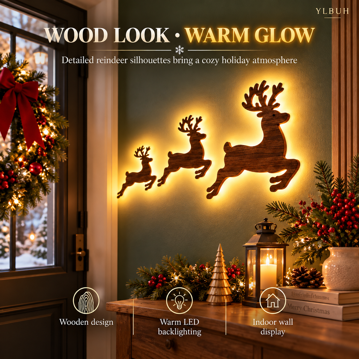 3D Wooden LED Reindeer Wall Decor Set, view 4