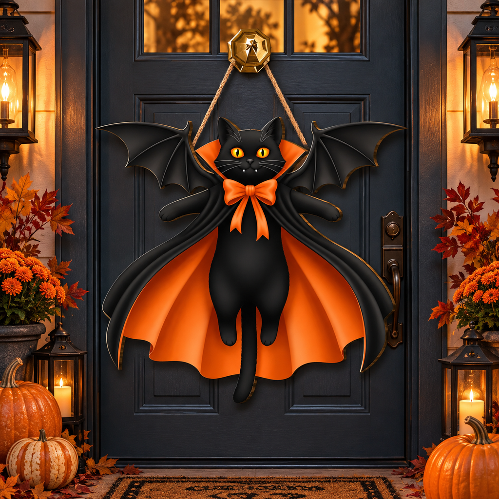 Black cat with vampire bat wings wooden Halloween sign, view 2