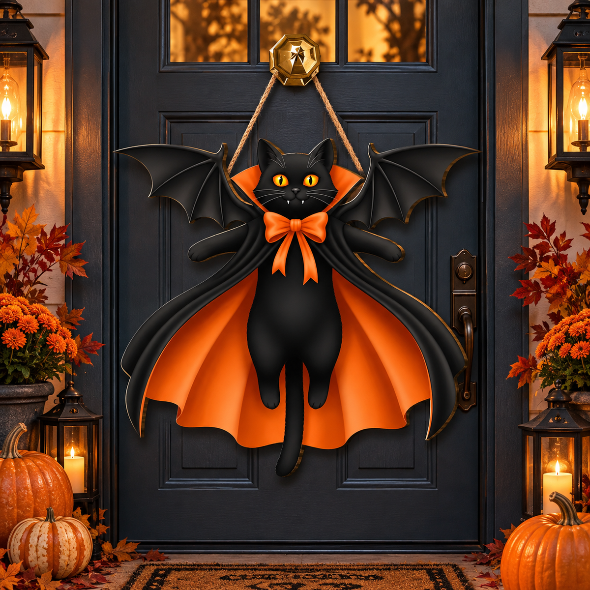 Black cat with vampire bat wings wooden Halloween sign, view 2