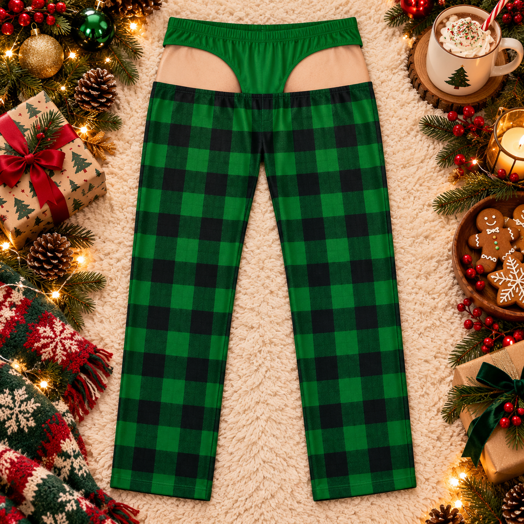 Green lumberjack plaid pants, back flap view