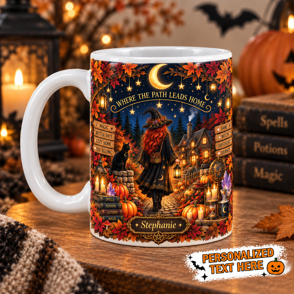 Personalized autumn witch and cozy cottage ceramic mug | USAGatherCo