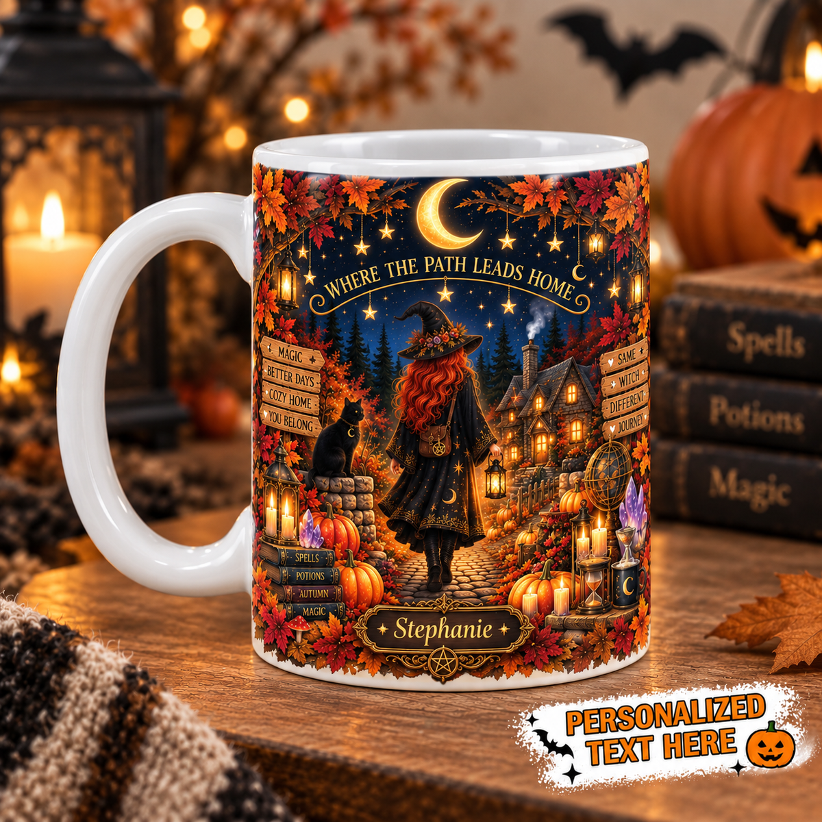 Personalized autumn witch and cozy cottage ceramic mug | USAGatherCo