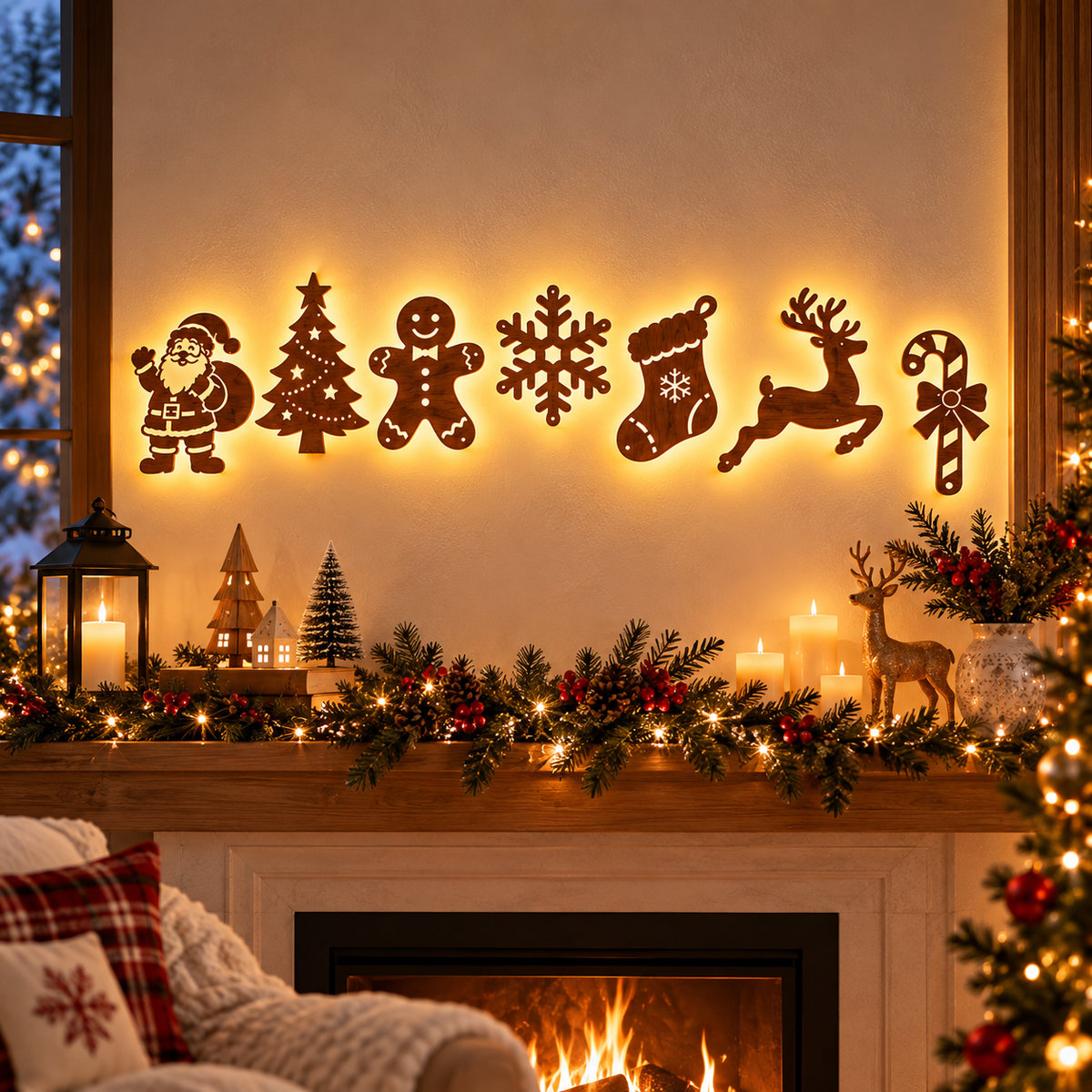 7-Piece Classic Christmas Icons LED Wooden Wall Decor Set (Peel & Stick) | USAGatherCo