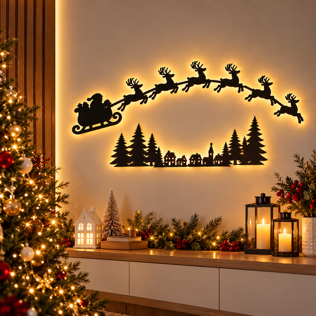 7-Piece LED Flying Santa Sleigh & Reindeer Wall Decor with Remote Control | USAGatherCo