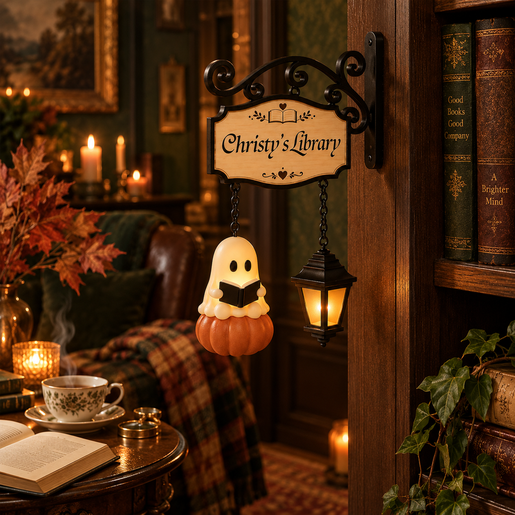 Personalized reading ghost with lantern bookshelf lamp | USAGatherCo