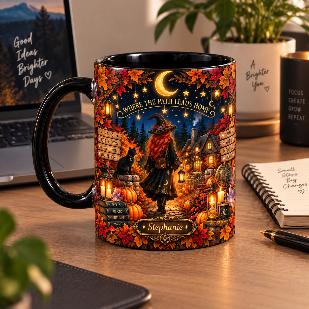 Personalized autumn witch and cozy cottage ceramic mug, view 3