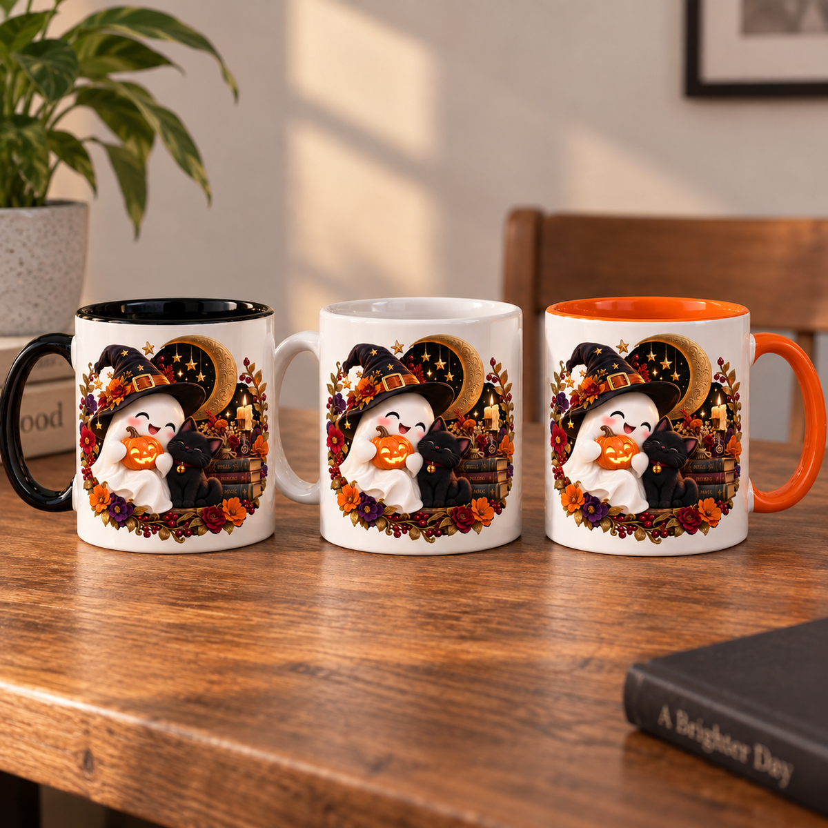 Cute ghost and black cat Halloween ceramic mug, view 4