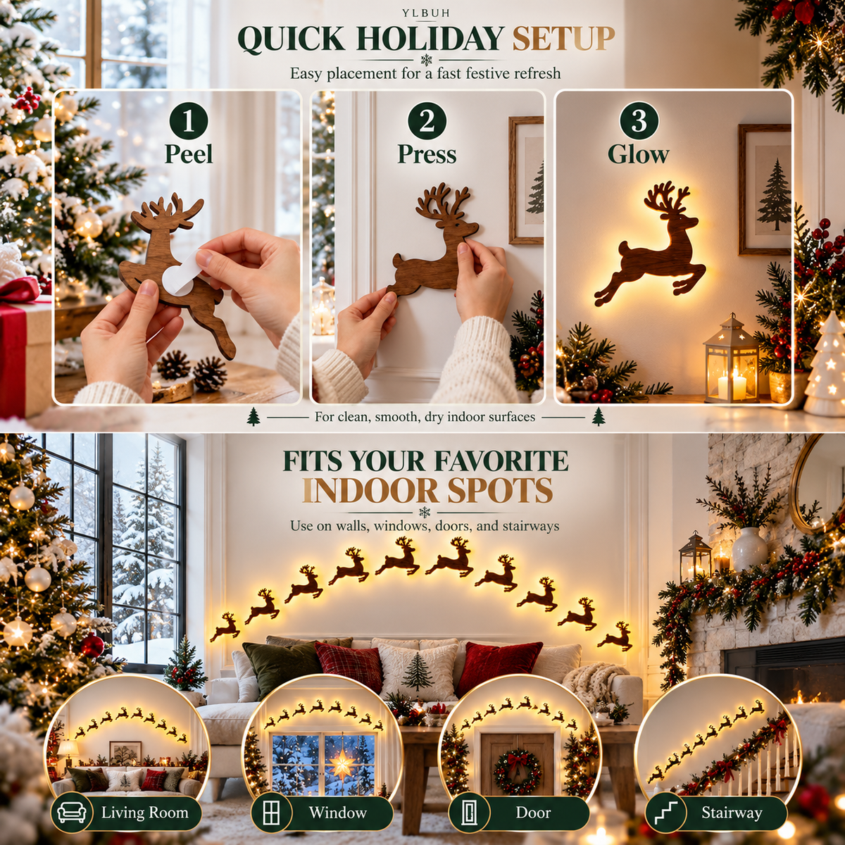 3D Wooden LED Reindeer Wall Decor Set, view 7