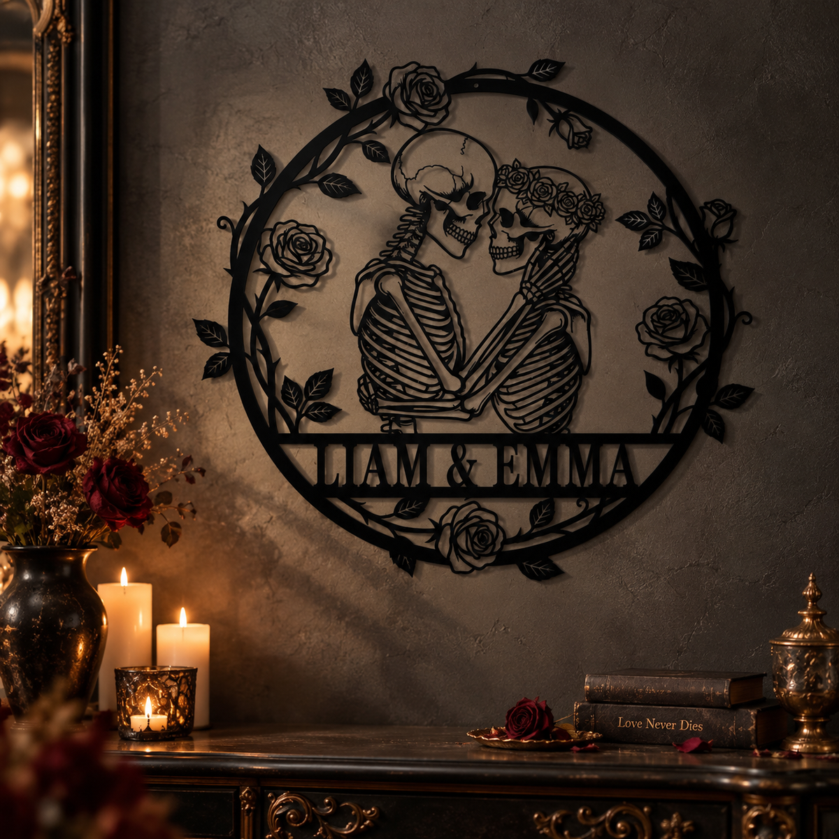 Custom skeleton couple metal sign, personalized gothic wall art | USAGatherCo
