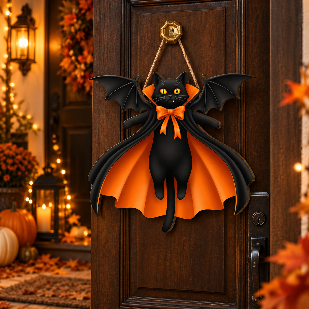 Black cat with vampire bat wings wooden Halloween sign | USAGatherCo