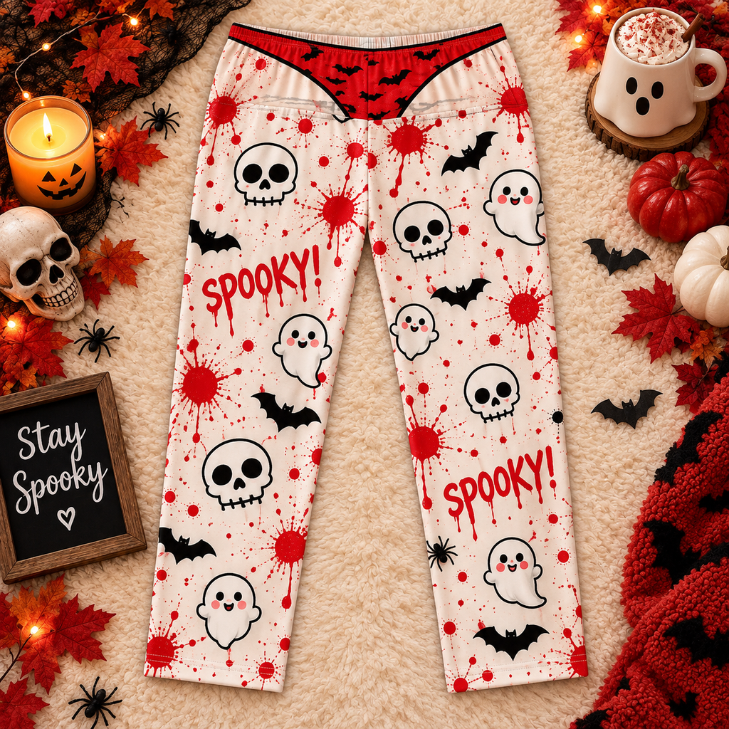 Spooky skulls lounge pants, back flap view