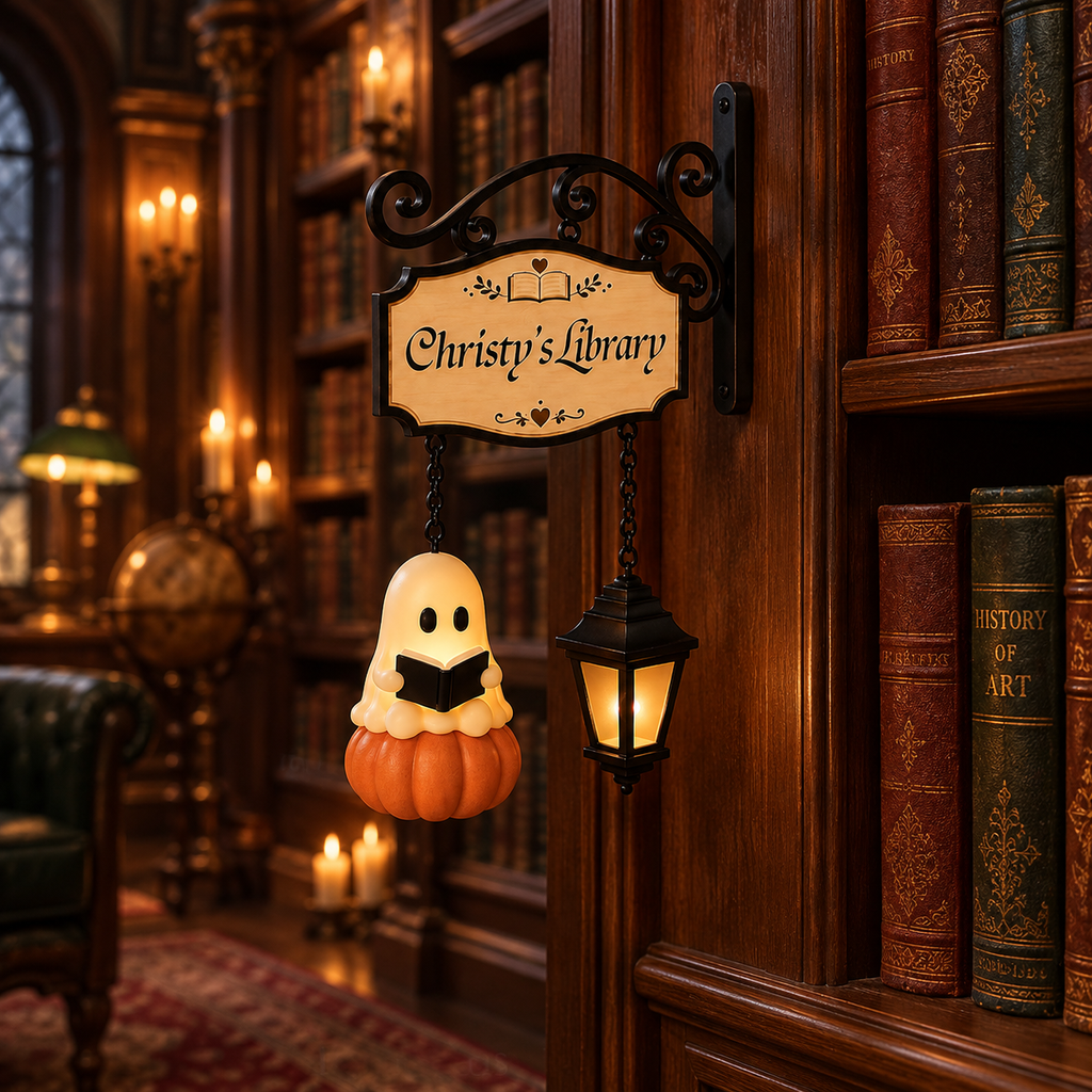 Personalized reading ghost with lantern bookshelf lamp, view 2