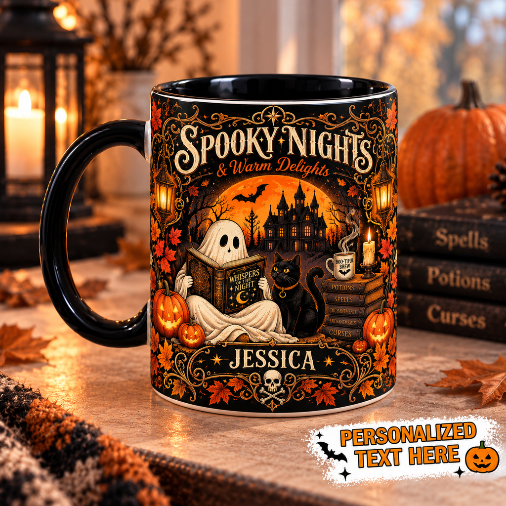 Personalized Spooky Nights reading ghost Halloween mug | USAGatherCo