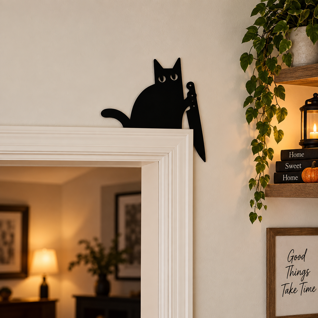 Killer black cat door topper, creepy cute corner decor, view 4
