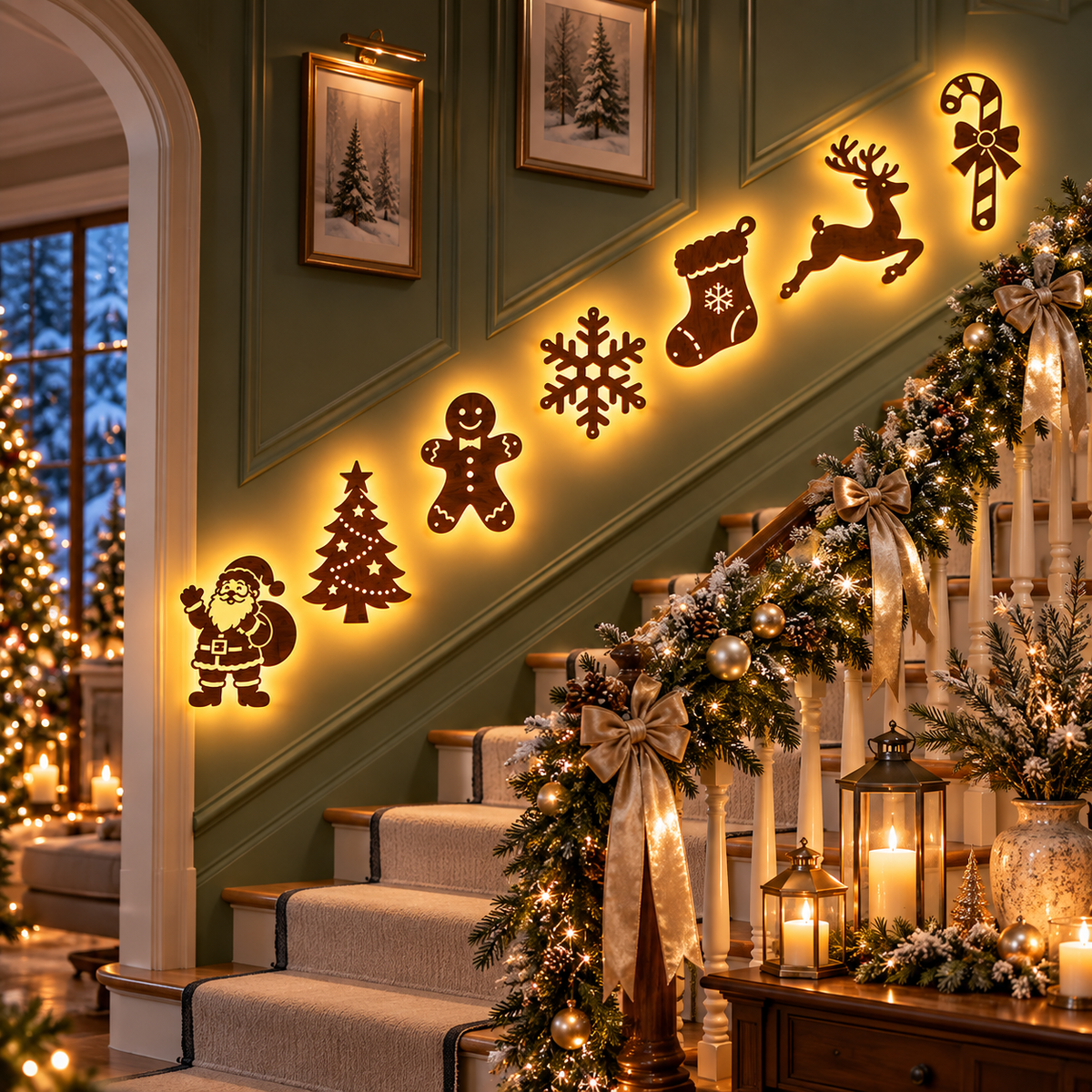 7-Piece Classic Christmas Icons LED Wooden Wall Decor Set (Peel & Stick), view 2