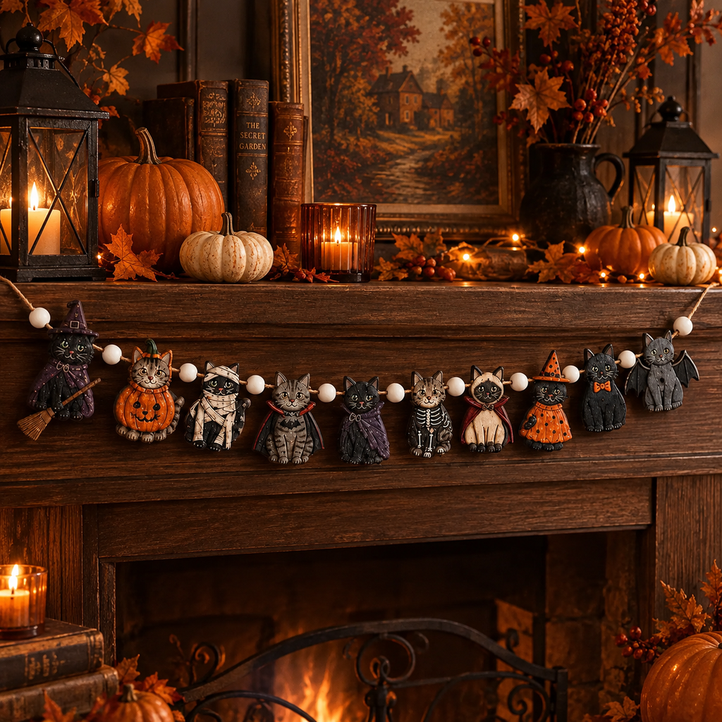 Double-sided wooden Halloween cat garland for mantel, view 2