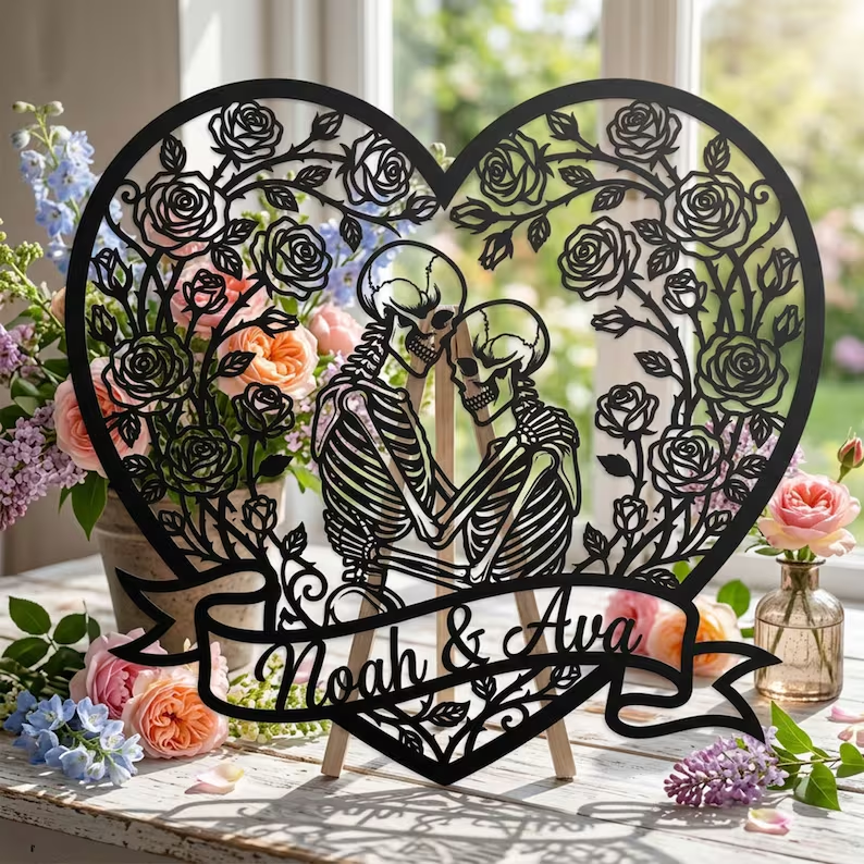 Custom skeleton couple metal sign, personalized gothic wall art, view 4