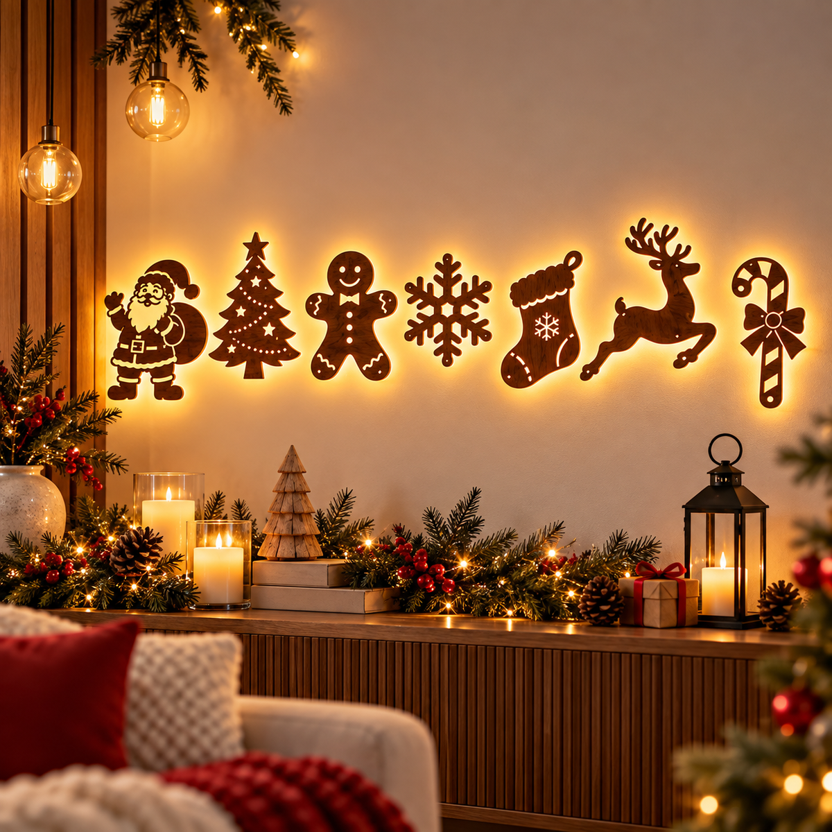 7-Piece Classic Christmas Icons LED Wooden Wall Decor Set (Peel & Stick), view 3