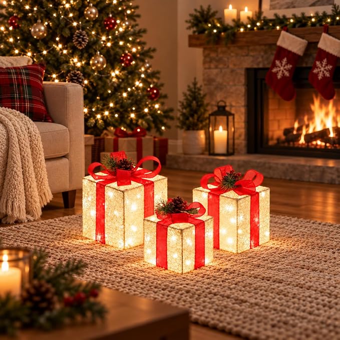 Elegant White Lace Light-Up Christmas Boxes, view 2