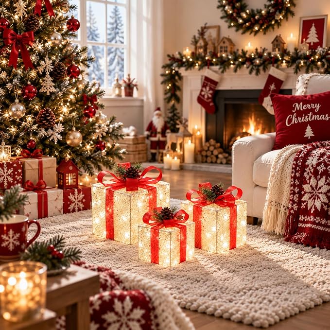 Elegant White Lace Light-Up Christmas Boxes, view 4