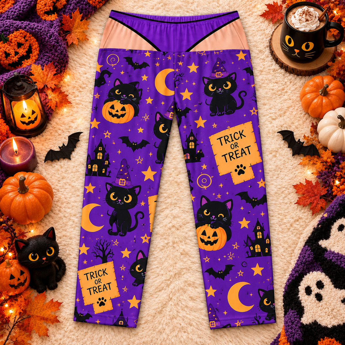Bewitched black cat pajamas, back flap view