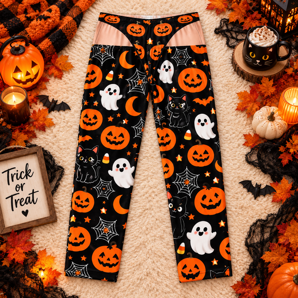 Black cat and pumpkin pajama pants, detail
