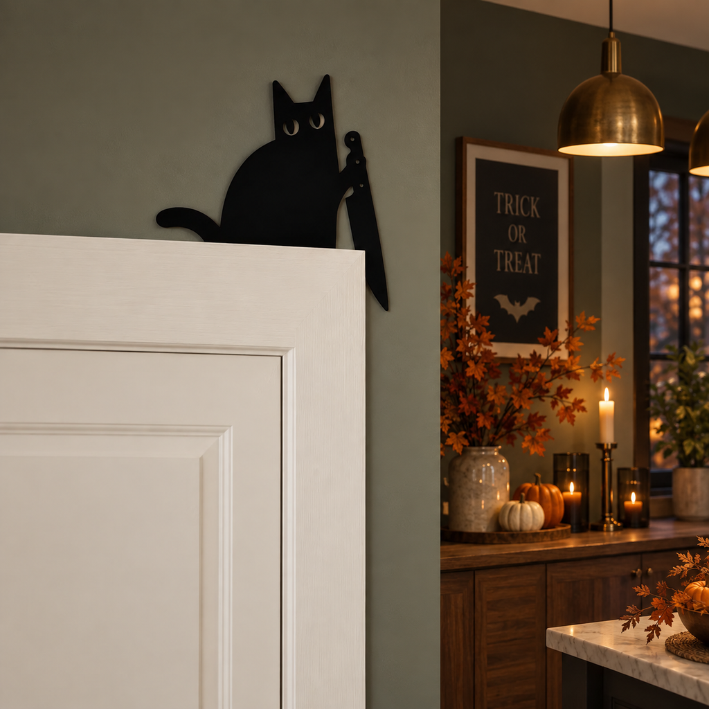 Killer black cat door topper, creepy cute corner decor, view 3