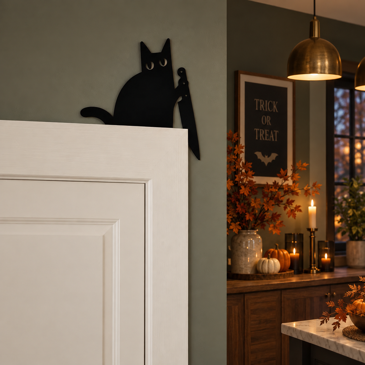 Killer black cat door topper, creepy cute corner decor, view 3