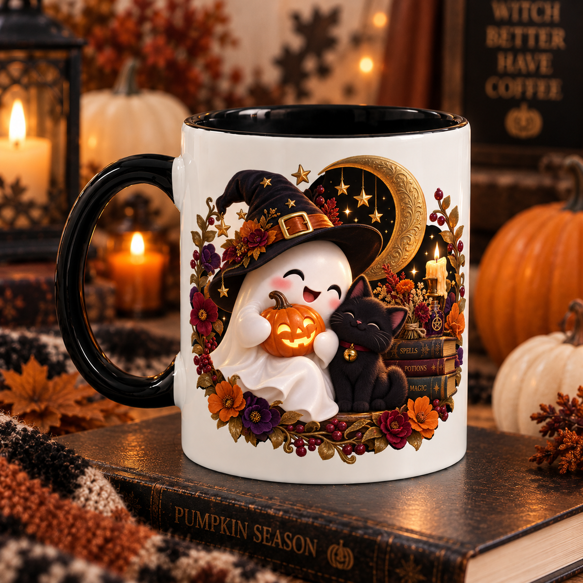 Cute ghost and black cat Halloween ceramic mug | USAGatherCo