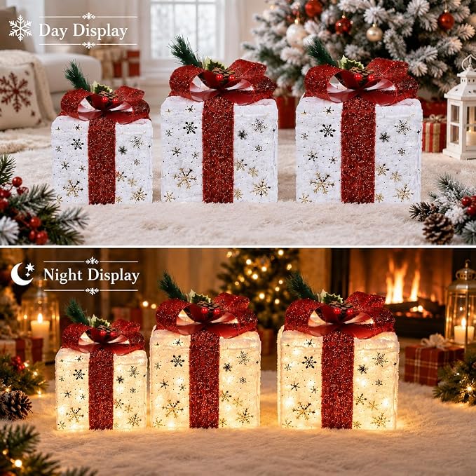 Gold Snowflake Light-Up Present Boxes, view 2