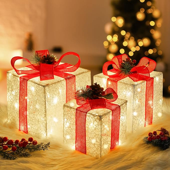 Elegant White Lace Light-Up Christmas Boxes | USAGatherCo