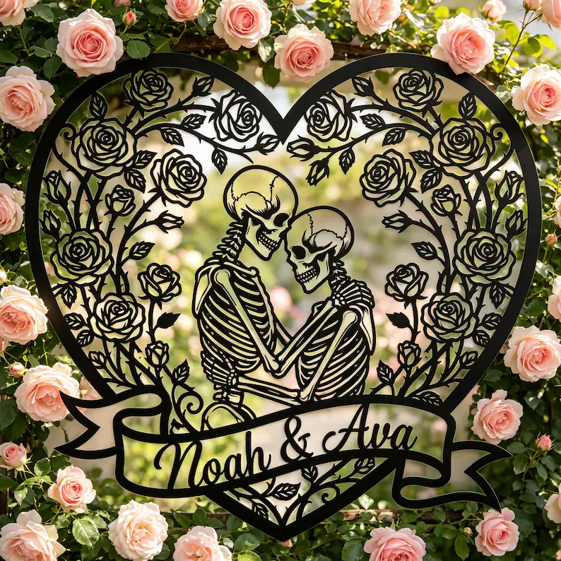 Custom skeleton couple metal sign, personalized gothic wall art, view 3