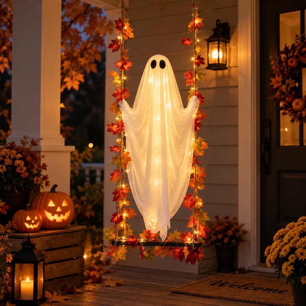 Lighted hanging ghost on a swing porch decor, view 2